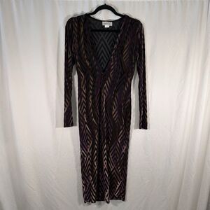 Vintage Magia USA Midi Dress Women's Large Purple Semi Sheer Vneck Long Sleeve